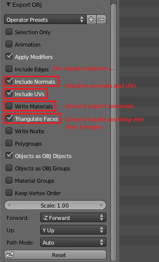 Ticked checkboxes in Blender's "Export OBJ" dialog